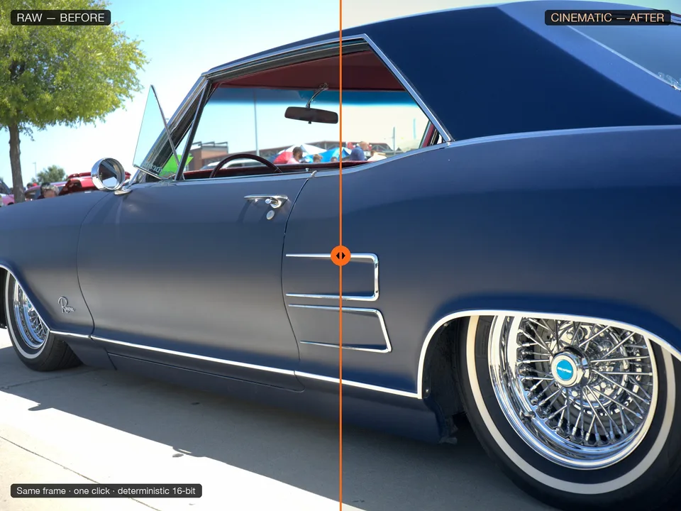 RAW → cinematic — the same 100MP frame, one click
