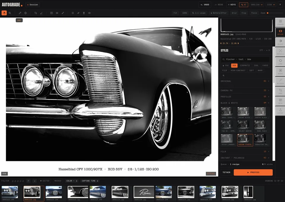 The AutoGrade editor — 277 styles, AI masks, retouch, tether — on a 100MP Hasselblad frame