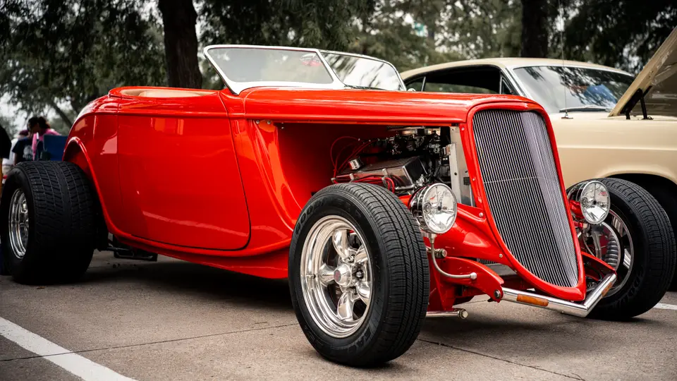 Red hi-boy roadster at the show